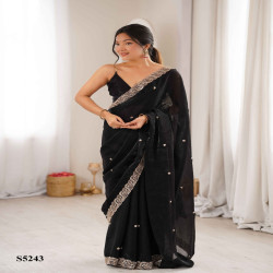 Premium Fendy Satin Saree with Beads & Pearl Embroidery Border